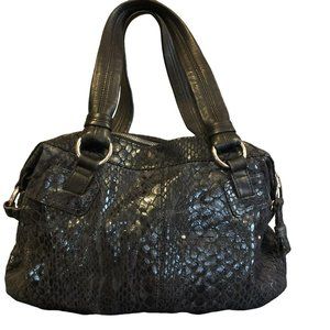 B. Makowsky Snake Embossed Leather Handbag w/Studs, Black